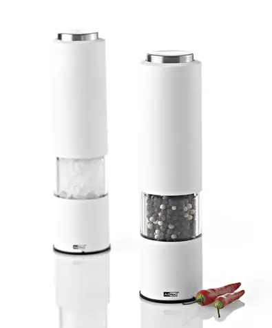 AdHoc TROPICA weiß / Salz- und Pfeffermühle / elektrisch / CeraCut®-Keramikmahlwerk / batteriebetrieben / Höhe 21,5 cm