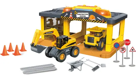 SPARKYS Baugarage mit Bagger und STADT-SERVICE-Wagen / Mit Ton und Licht