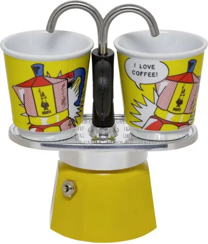 Bialetti MINI EXPRESS Set Lichtenstein gelb / Set: Fountain Mokkakanne (90 ml) + 2x Becher (Roy Lichtenstein)