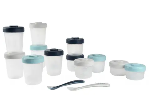 Beaba Set mit 12 Lebensmittelbechern + 2 Löffeln