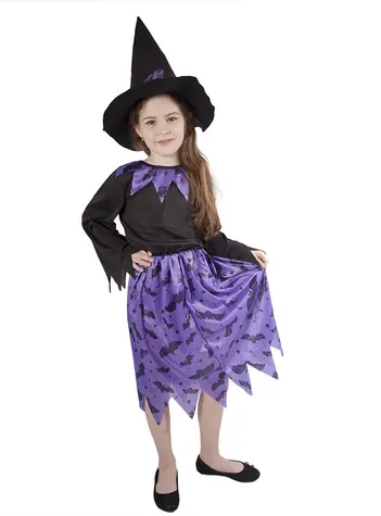 Rappa Kinder Hexenkostüm mit Fledermäusen und Hut - Halloween (M) / 6-8 Jahre 