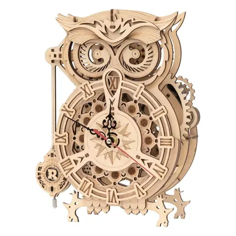 Robotime 3D mechanisches Holzpuzzle Eulenuhr / ab 14 Jahren / 161 Teile / Schwierigkeit: mittel