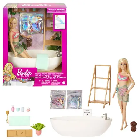 Mattel HKT92 Barbie-Puppe und Bad mit Seifenkonfetti Blond / ab 3 Jahren
