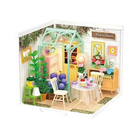 Robotime Miniaturhaus Sitzen mit Tee in einem blühenden Garten
