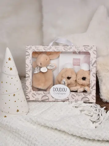 Doudou Geschenkset, beigefarbener Plüschhase und Babyschuhe / ab 0 Monaten