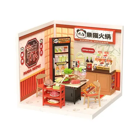 Robotime 3D-Holzpuzzle Miniaturhaus Asiatisches Bistro Panda Hot Pot / ab 14 Jahren