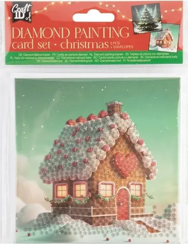 Bastelset „Diamantmalerei“: Weihnachtskarte mit Lebkuchenhaus und Baum, 13 x 13 cm