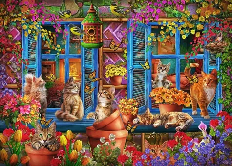 BlueBird Puzzle Fensterbank mit Katzen / 300 Teile / ab 9 Jahren
