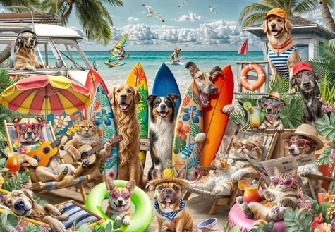 BlueBird Puzzle Hunde und Katzen am Strand / 1000 Teile / ab 14 Jahren