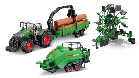 Bburago FARMLAND Set FENDT 1050 VARIO Traktor mit drei Anhängern / 10 cm / ab 3 Jahren