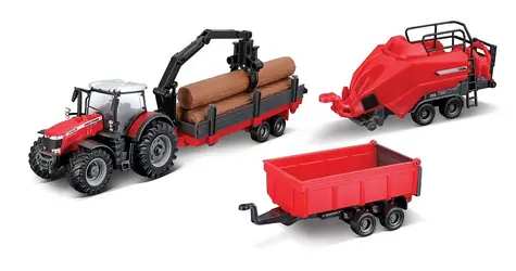 Bburago FARMLAND Set Massey Ferguson 8740S Traktor mit drei Anhängern / 10 cm / ab 3 Jahren