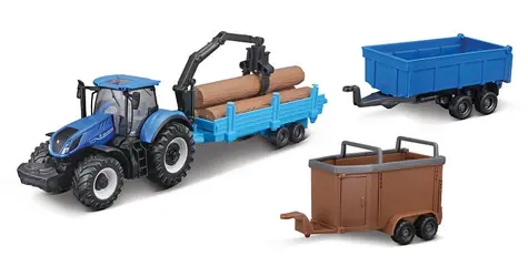 Bburago FARMLAND Set New Holland T7.315 HD Traktor mit drei Anhängern / 10 cm / ab 3 Jahren