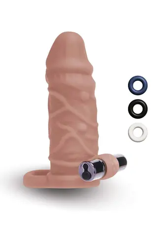Size- UP Silikon-Vibrations-Penisverlängerer mit realistischer Form und Hodenschlaufe, hellbraun