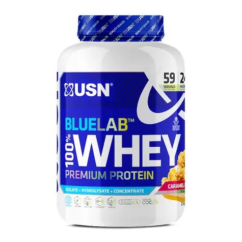 USN BlueLab 100% Molkenprotein Premium 2000 g Karamell- Popcorn