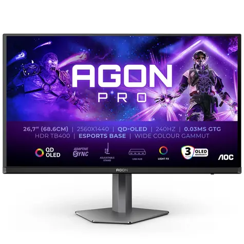 27" AOC AGON Pro AG276QZD2 schwarz / OLED / 2560x1440 / 16:9 / 0,03ms / 1,5mil:1 / 250cd-m2 / HDMI + DP / VESA