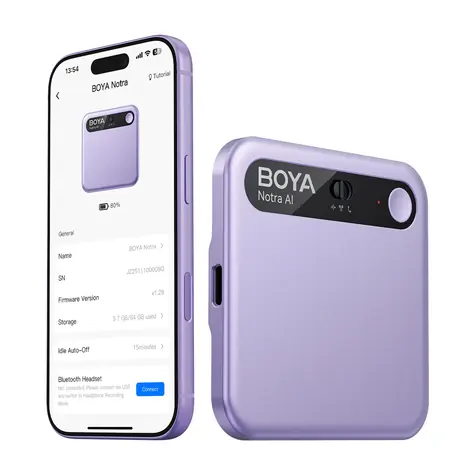 Boya Notra lila / Audiorecorder mit KI-Übersetzer / 64 GB / 24 Std. Akkulaufzeit / Bluetooth / WLAN / USB-C