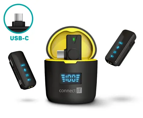 Connect IT ClipMic Pro USB-C Set mit 2 drahtlosen Mikrofonen und USB-C-Empfänger, schwarz / Reichweite 20 m / Akkulaufzeit 5 h