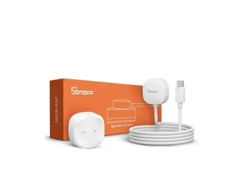 Sonoff SNZB-05P Zigbee Wasserlecksensor und Detektionskabel WLDC200 weiß