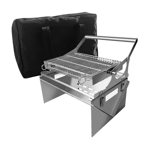 UG Grill Faltbarer Edelstahlgrill mit drehbarem Käfigrost und Transporttasche