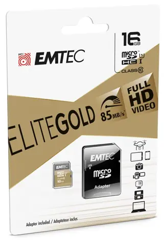 EMTEC Gold PLUS Micro SDHC Karte 16GB + SD-Adapter / UHS-I / Class 10 / lesen: 85MBs / schreiben: 21MBs / FullHD geeignet
