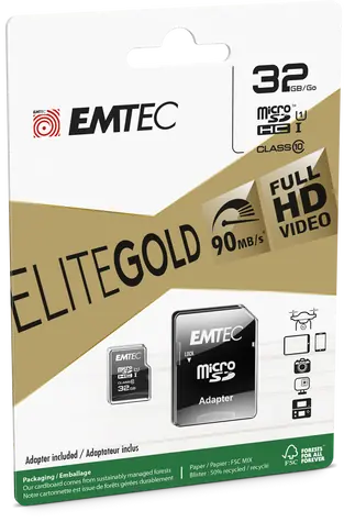 EMTEC Elite Gold Micro-SDHC-Karte 32 GB + SD-Adapter / Klasse 10 / Lesen: 90 MB / Schreiben: 20 MB / Geeignet für FullHD
