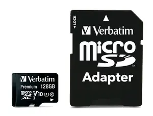 Verbatim Premium microSDXC Pro 128 GB + Adapter / Speicherkarte / UHS-I (U1) / Klasse 10 / V10 / R: bis zu 90 MB/s / Schreibgeschwindigkeit: 10 MB/s