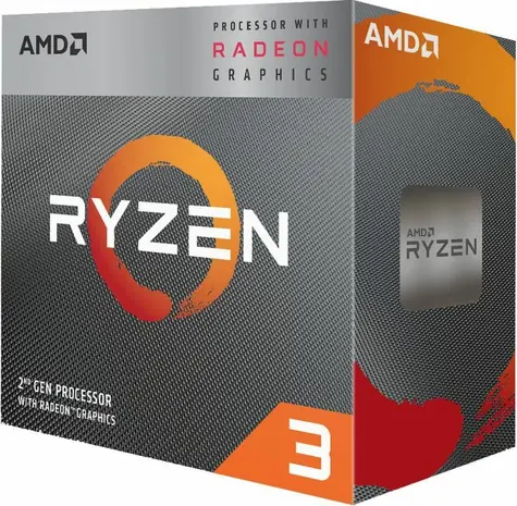 AMD RYZEN 3 3200G bei 3,6 GHz / Turbo 4,0 GHz / 4C4T / L1 384 kB L2 2 MB L3 4 MB / AM4 / Zen 2 / 65 W / Wraith