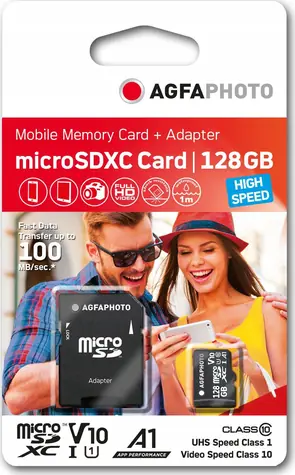 AGFAPHOTO MicroSDXC 128 GB + Adapter / R: 100 MB/s / W: 20 MB/s / Klasse 10 