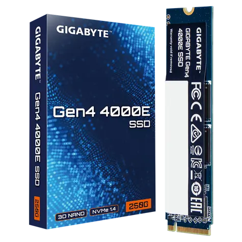 GIGABYTE Gen4 4000E SSD 250 GB / M.2 2280 Gen 4 / R: 3500 MBit/s / W: 1800 MBit/s / MTBF: 1,5 MHz / 3 Jahre