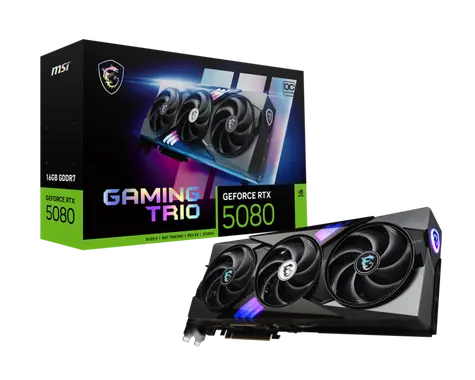 MSI GeForce RTX 5080 GAMING TRIO 16 GB OC / 2715 MHz / 16 GB GDDR7 / 256-Bit / 1x HDMI + 3x DP / 850 W (16)