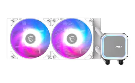 MSI MAG CoreLiquid A13 240 weiß / 2x 120mm / 31,1 dB @ 2000 U/min / 62,6 CFM / AMD + Intel