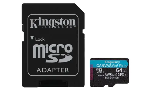 Kingston Canvas Go PLUS microSDXC 64GB mit Adapter / UHS-I V30 / U3 / Class 10 / Lesen: bis zu 200MBs / Schreiben: bis zu 160 MBs