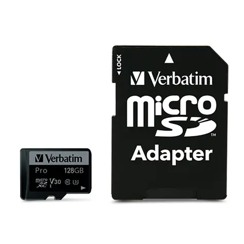 Verbatim Pro U3 microSDXC 128 GB + SD-Adapter / UHS-3 (U3) / Klasse 10 / R: bis zu 90 MB/s / W: bis zu 45 MB