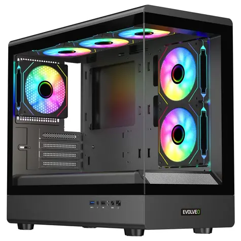 Evolveo Ursus / M-ATX / 1 x USB-A 3.0 + 2 x USB-A 2.0 / 6 x 120 mm ARGB / ohne Netzteil / transparente Seitenwand + Frontblende