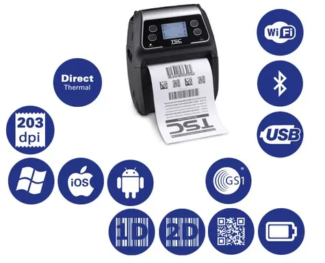 TSC Aplha-4L Tragbarer DT-Barcodedrucker / 203 dpi / Registrierkasse / Thermodrucker / BT / WLAN / USB