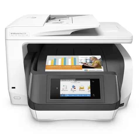 HP OfficeJet Pro 8730 / A4-Multifunktionsdrucker / 24/20 Seiten pro Minute / WLAN + RJ45 + USB + NFC / Duplex / Weiß