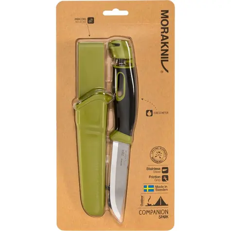 Morakniv Companion Spark grün / Outdoormesser mit Feuerstein / Edelstahl / Klinge 10,4 cm / Kunststoffgehäuse