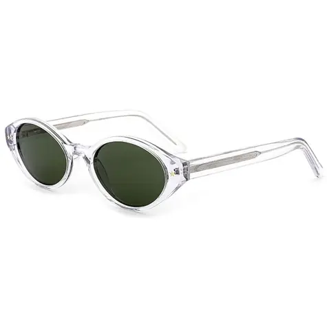 VeyRey Damen-Sonnenbrille im Cat-Eye-Stil aus Acetat mit polarisierten Gläsern, klarem Rahmen und schwarzen Gläsern.