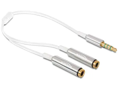 DeLock Adapter 3,5-mm-Stereo-Klinkenstecker (4-polig) auf 2 x 3,5-mm-Stereo-Klinkenbuchse (4-polig) / 25 cm / weiß / silber