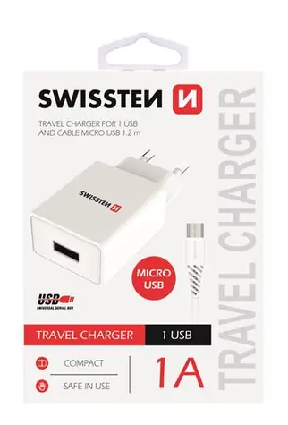 Swissten SMART IC Netzwerkadapter 1x USB 1A POWER + Datenkabel USB - microUSB 1,2m weiß