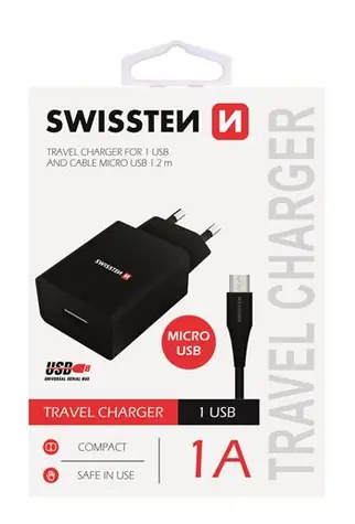 Swissten SMART IC Netzwerkadapter 1x USB 1A POWER + Datenkabel USB - microUSB 1,2m schwarz