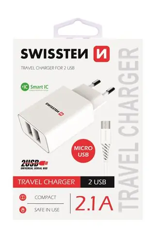 Swissten SMART IC Netzwerkadapter 2x USB 2.1A POWER + Datenkabel USB - microUSB 1,2m weiß