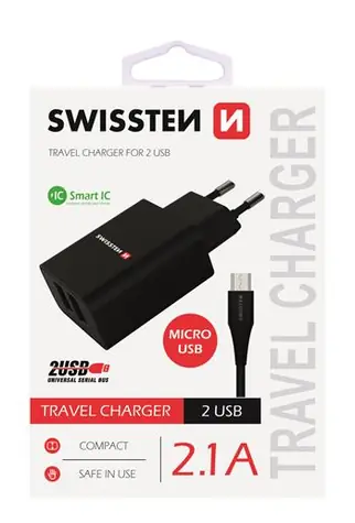 Swissten SMART IC Netzwerkadapter 2x USB 2.1A POWER + Datenkabel USB - microUSB 1,2m schwarz