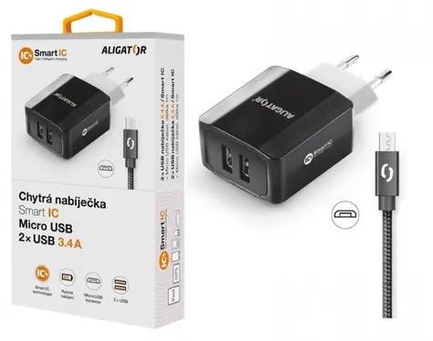 Aligator Smart Netzwerkladegerät 3,4A Micro-USB-Kabel 2A schwarz/ 2xUSB / SMART IC