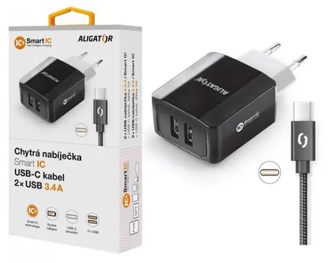 Aligator Smart Netzwerk-Ladegerät 3,4 A USB-C-Kabel schwarz/ 2xUSB / SMART IC