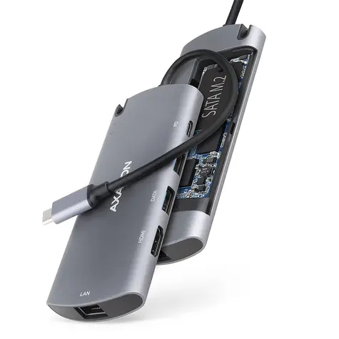 Axagon HMC-6M2, USB 5Gbps Hub, 2x USB-A, HDMI 4k/30Hz, RJ-45 GLAN, SATA M.2 Steckplatz, PD 100W, USB-C Kabel 18cm