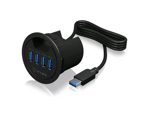 Icy Box IB-HUB1403 Desktop-USB-Hub, schwarz / 4X USB 3.0 / 60-mm-Kabelverschraubung / Audio