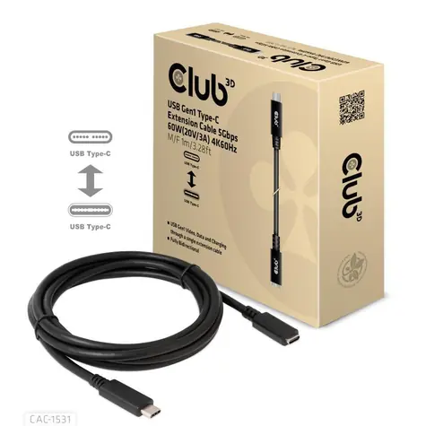 Club3D CAC-1531 Kabel USB-C M/F schwarz 1m / 60W / 4K 60Hz 