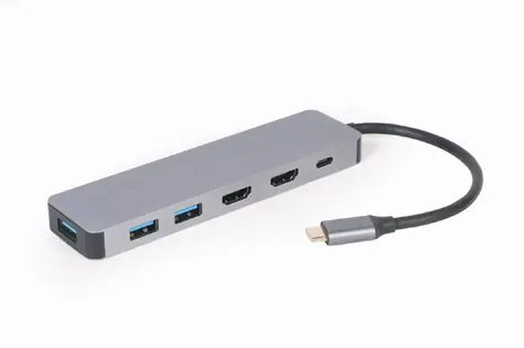 Gembird A-CM-COMBO3-03 grau / USB-C-Hub / 3x USB 3.0 / 2x HDMI (4K) / 1x USB-C