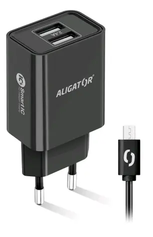 Aligator Smart Netzladegerät 2,4A microUSB schwarz / 2xUSB / SMART IC / microUSB Kabel / Restposten